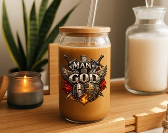 Man of God Glass Can: Christian Iced Coffee Cup with Straw and Lid
