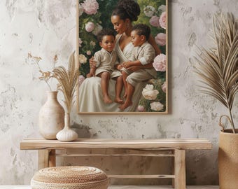 Black Mother Son Wall Art, Floral African American Family Portrait Canvas