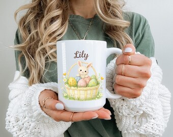 Personalized Easter Bunny Basket Coffee Mug Gift Cute Spring Animal Cup Custom Name Pastel Egg Design Thoughtful Holiday Present