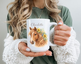 Personalized Floral Horse Mug, Equestrian Gift