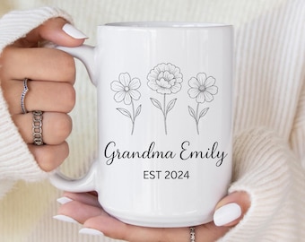 Personalized Grandma Mug with Flowers – Custom Name Grandma Emily Est 2024