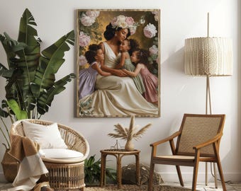 Mother with Three Daughters Wall Art Canvas, pastel floral print, neutral nursery decor