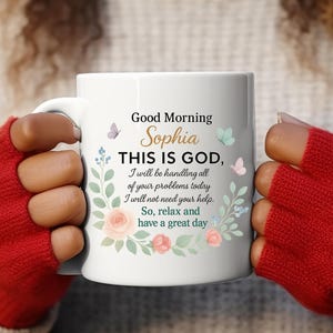 Personalized Christian coffee mug with 'Good Morning Sophia' and pastel floral border of roses; inspirational faith-based gift.