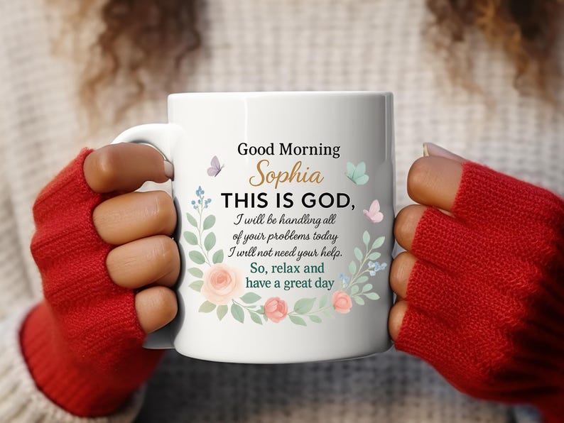 Personalized Christian coffee mug with 'Good Morning Sophia' and pastel floral border of roses; inspirational faith-based gift.
