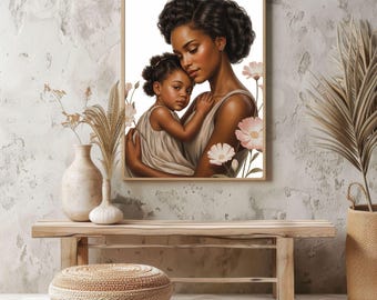 Black Mother Daughter Canvas Print, Floral Minimalist Melanin Wall Art