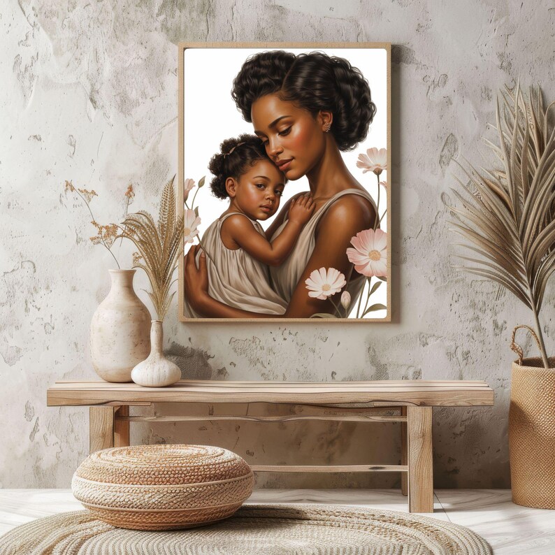 Black Mother Daughter Canvas Print, Floral Minimalist Melanin Wall Art ...
