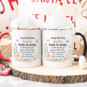 Two personalized Christian coffee mugs with floral designs and 'Good Morning Sophia' text; red and black handles.