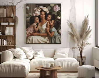 Mother Daughters Art Canvas, Neutral Floral Family Wall Art