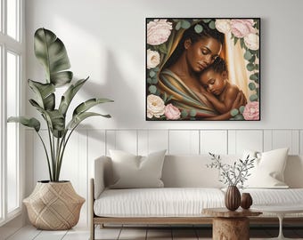 Black Mother Art, Baby Wall Art Canvas, Floral African American Print, Neutral Nursery Decor