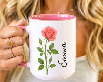 Personalized Rose Flower Coffee Mug, Custom Floral Name Gift