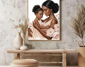 Black Mother Daughter Art Canvas Print, Floral Peony Nursery Wall Decor