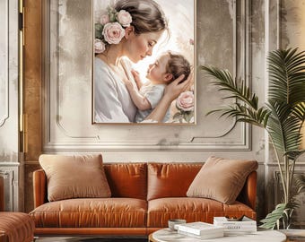 Mother Baby Art Canvas, Neutral Floral Print, Beige Nursery Decor