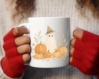Taza con diseño de calabaza fantasma, taza de café de Halloween, cerámica blanca, 325 ml (11 oz)