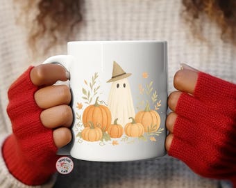 Pumpkin Ghost Mug, Halloween Coffee Mug, White Ceramic, 11oz