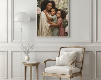 Mother Children Art canvas print, floral family wall art, neutral home wall decor