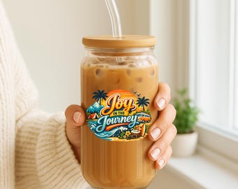 Glass Can With Straw and Lid: Travel Inspired Summer Coffee Cup, Vacation Drinkware