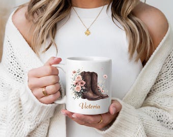 Personalized Cowgirl Boots Mug, Floral Western Coffee Cup