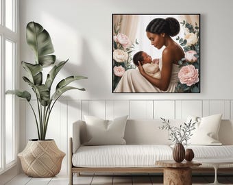 Mother and Newborn Baby Wall Art, Mom Holding Baby Canvas Print, Motherhood Artwork, Floral Family Decor, New Mom Gift, Nursery Wall Art