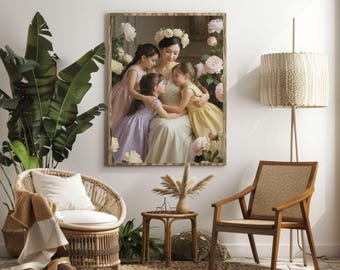 Mother Daughters Canvas Art, Floral Peony Portrait, Soft Feminine Home Decor