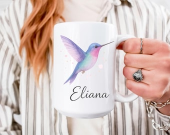 Tazza regalo con nome colibrì acquerello, tazza da caffè personalizzata per amanti degli uccelli, tazza colorata personalizzata per lei, tazza bianca o decorativa, idea regalo naturale
