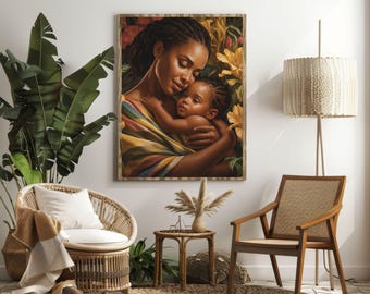 Schwarze Mutter Baby Leinwand Kunst, Floral Melanin Wanddekor