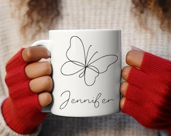 Personalized Mug, Butterfly Name, Minimalist Line Art Coffee Cup