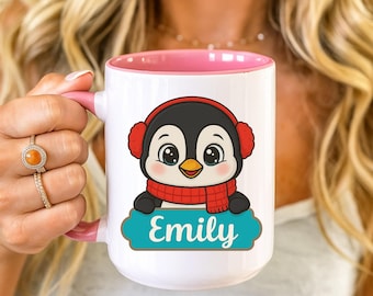 Penguin Mug with Name, Kids Coffee Cup, 11oz Ceramic