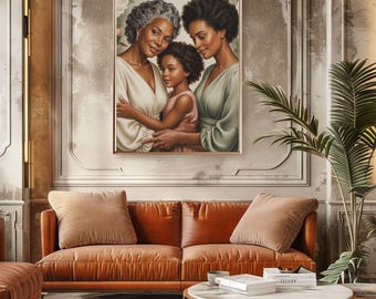 Black family art canvas, African American wall decor, floral print