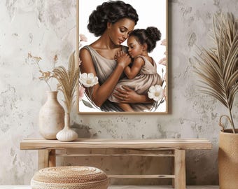 Black Mother Art, Daughter Canvas Art, Melanin Family Illustration, Minimalist Floral Decor