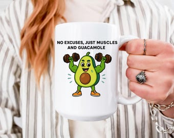 Funny Avocado Gym Mug: Muscles, Guacamole, Workout Coffee Cup