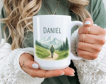 Personalized Mountain Hiker Mug, Custom Name Nature Lover Coffee Cup, Adventure Outdoorsy Gift