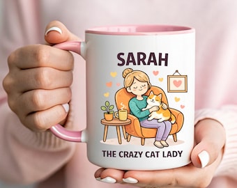 Personalized Crazy Cat Lady Coffee Mug Gift With Custom Name Cute Cat Lover Illustration Cozy Pet Mom Humor Mug
