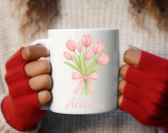 Custom Tulip Mug, Floral Ceramic Coffee Cup, Pink 11oz