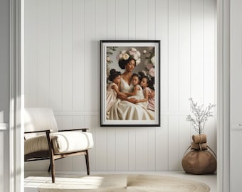 Mother with Daughters Wall Art Canvas, Family Portrait Print, Floral Mom Kids Artwork, Elegant Motherhood Decor, Luxury Home Wall Art Gift