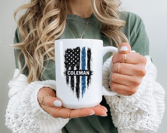 Personalized Thin Blue Line Flag Mug - Police Support Gift