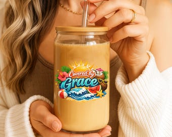 Covered by Grace Glass Can: Christian Summer Beach Vacation Drinkware