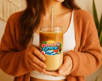 Covered by Grace Tropical Glass Can With Straw, Summer Beach Coffee Cup