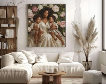 Mother Sons Art Canvas, Boy Mom Wall Art, Neutral Family Portrait Decor