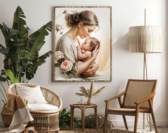 Mother Baby Art Canvas, Neutral Floral Print, Beige Nursery Decor