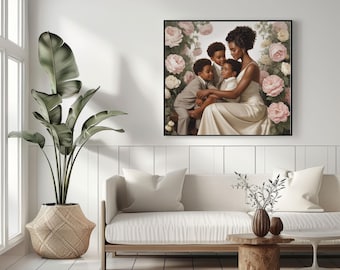 Family Wall Art Canvas, Mother Kids Art, Floral Print Nursery Decor