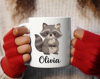 Raccoon Mug with Name, Ceramic Animal Coffee Mug, 11oz
