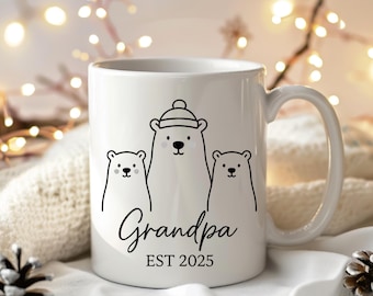 Grandpa EST 2025 Mug, Polar Bear Family Coffee Cup, Pregnancy Reveal Gift