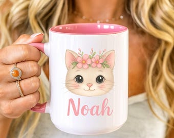 Custom Cat Mug, Kitten with Floral Crown, Personalized Pet Gift