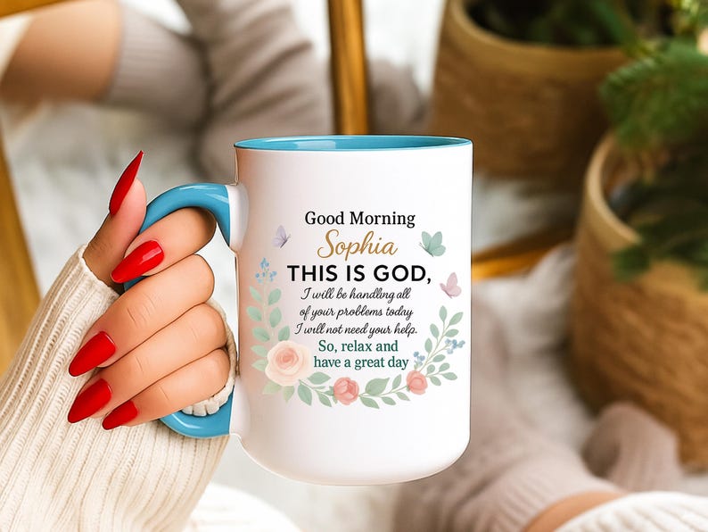 Personalized Christian coffee mug with turquoise handle and interior, white body, floral wreath, good morning Bible verse text.