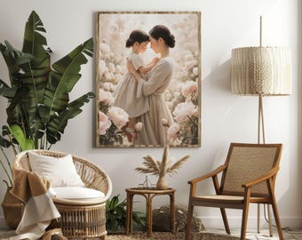 Mother daughter art canvas, neutral floral print, beige minimalist decor