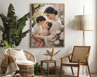 Mother and Two Kids Canvas Art, Floral Pastel Nursery Decor