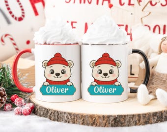 Personalized Polar Bear Mug, Custom Winter Name Cup, Kids Christmas Cocoa Gift