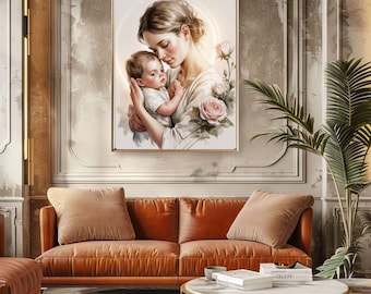 Cuadro minimalista de madre y bebé, lámina tierna para recién nacido, decoración neutra para la habitación del bebé.