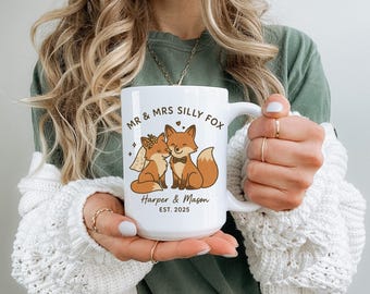 Taza personalizada de pareja de zorros, regalo de boda personalizado, taza de café para recién casados