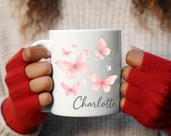 Personalized Butterfly Name Mug, Floral Coffee Cup, Pastel Accent Mug